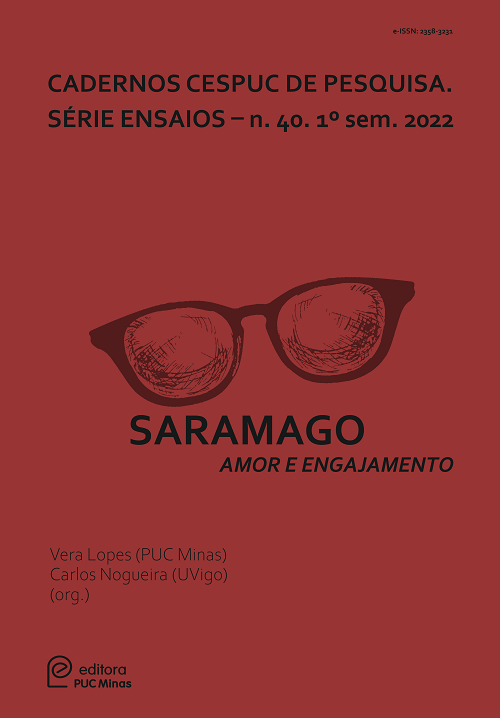 Capa com um fundo vermelho rouge. Um óculos centralizado também em vermelho rouge, mas com tonalidade mais escura. Abaixo do óculos, há o nome da revista Saramago: amor e engajamento.